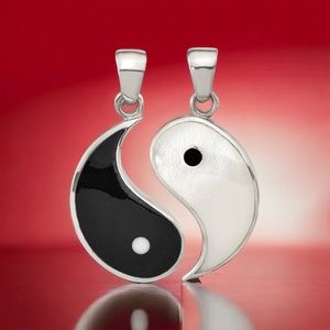 925 Sterling Silver Yin and Yang (2 pcs) Pendants, MOP and Black Resin RH-pltd